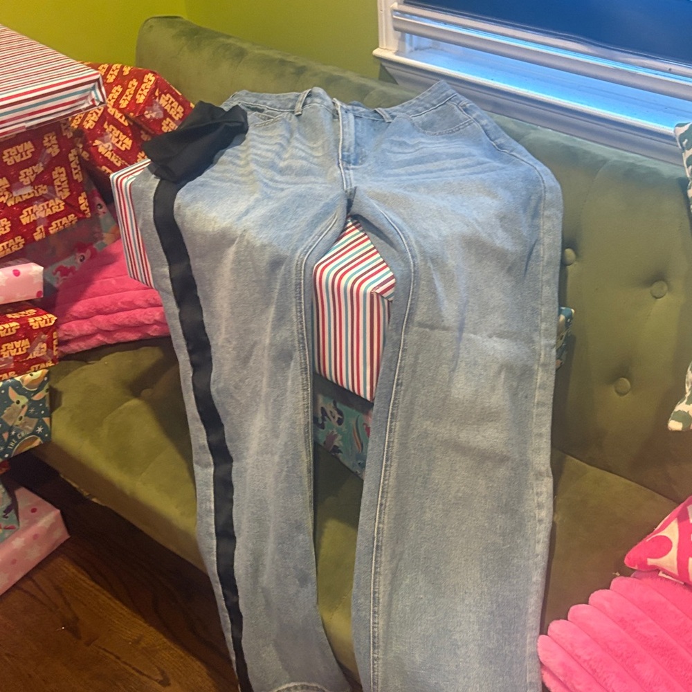 Stylish Women's Light Blue Jeans with Black Stripe
